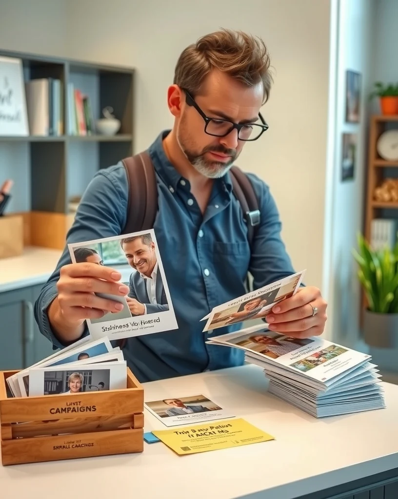 How to Use Greeting Style Promotion Postcards Without Losing Print Quality or Purpose: a local business owner reviewing postcard samples on a clean counter with local campaign notes.