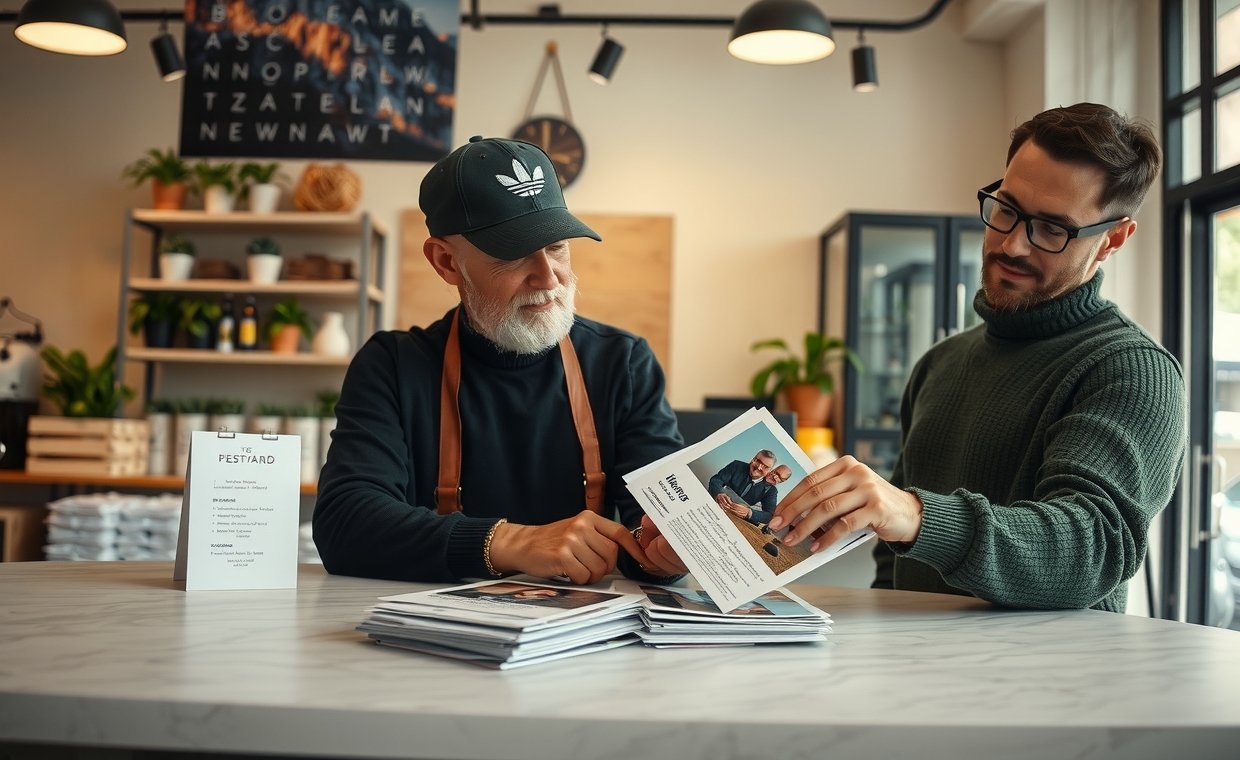 Portfolio Leave Behind Postcards for Artists, Brands, and Memorable Small Format Pieces: a local business owner reviewing postcard samples on a clean counter with local campaign notes.
