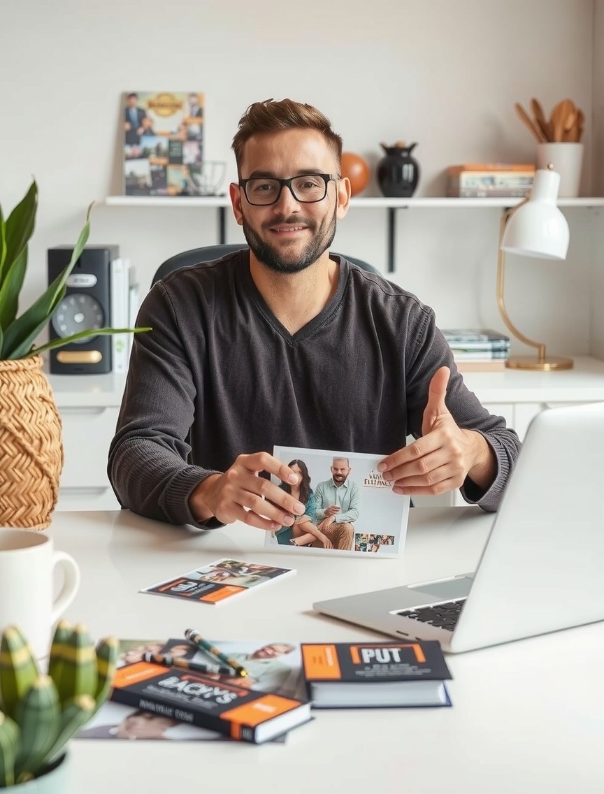 Portfolio Leave Behind Postcards for Artists, Brands, and Memorable Small Format Pieces: a local business owner holding a postcard proof beside relevant business props on a desk.
