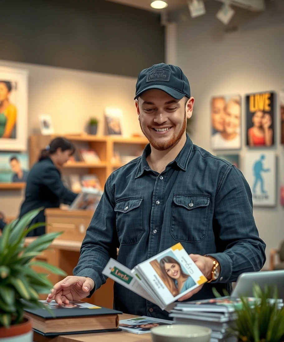 Gallery Opening Invite Postcards: A Creative Postcard Idea With Real Production Logic: a local business owner arranging postcard samples near the business setting.