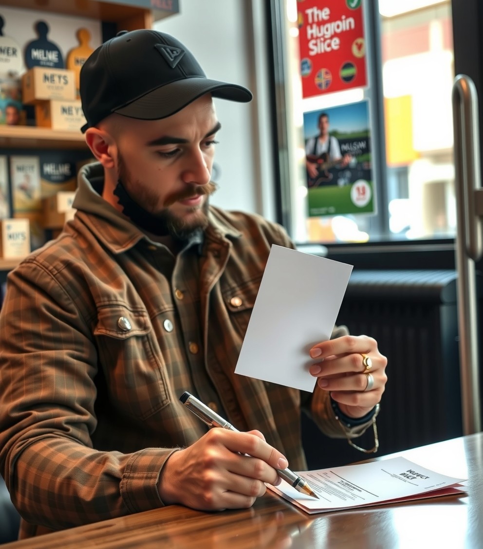 How to Use Band Merch Postcards Without Losing Print Quality or Purpose: a local business owner checking a postcard mockup with a pen and paper notes.