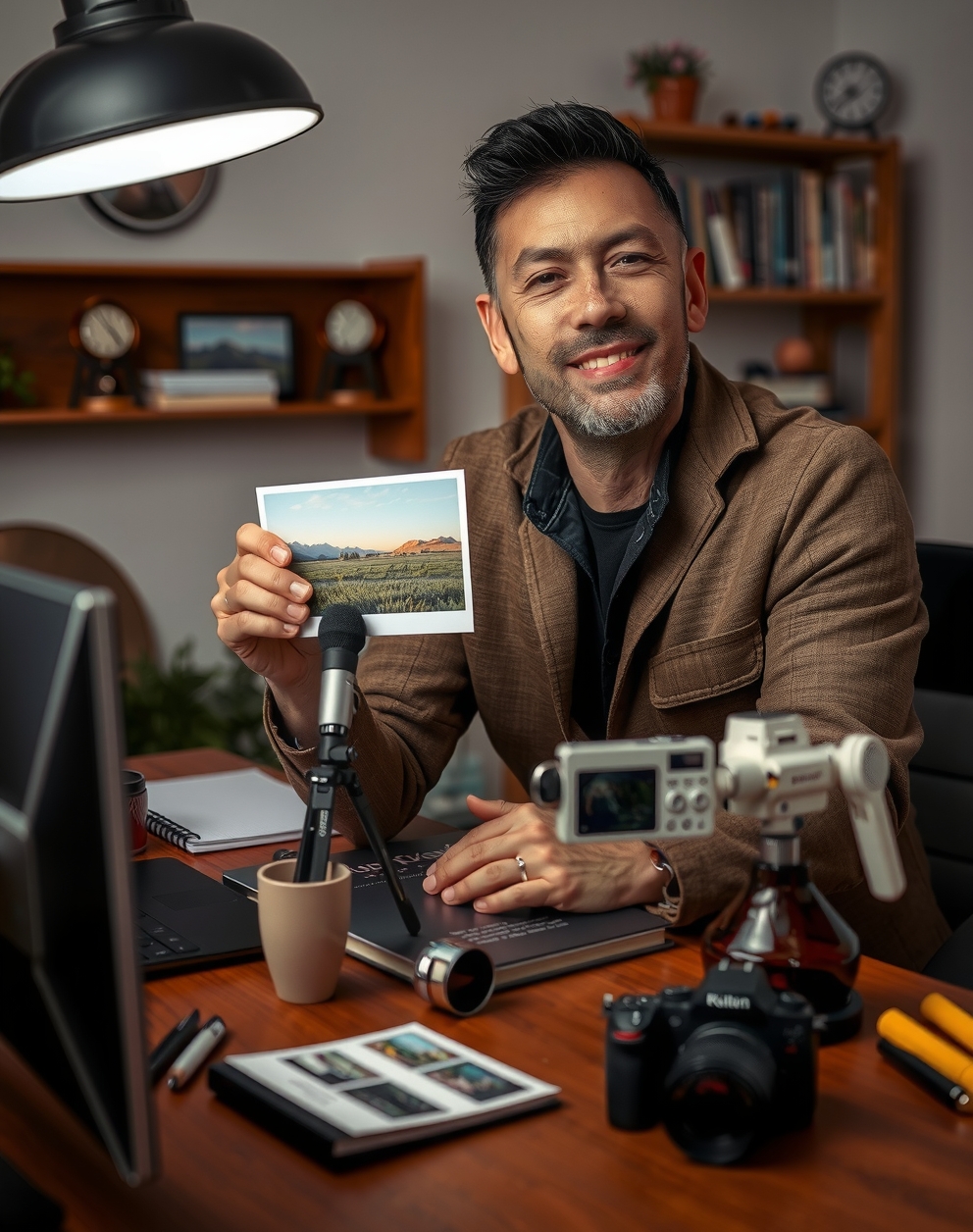 Wedding Photographer Referral Postcards for Artists, Brands, and Memorable Small Format Pieces: a local business owner holding a postcard proof beside relevant business props on a desk.