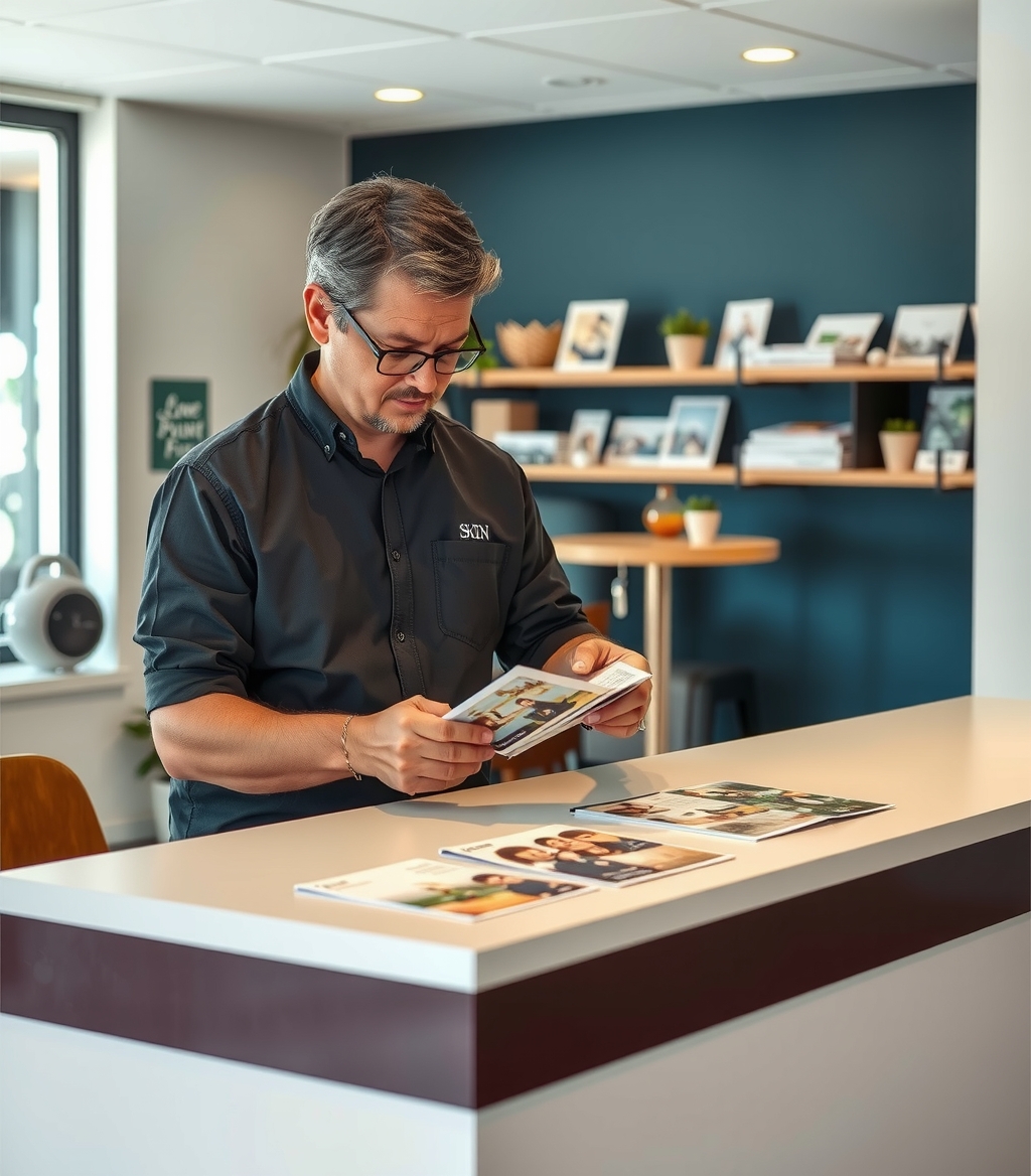 Boutique Hotel Welcome Postcards: A Creative Postcard Idea With Real Production Logic: a local business owner reviewing postcard samples on a clean counter with local campaign notes.