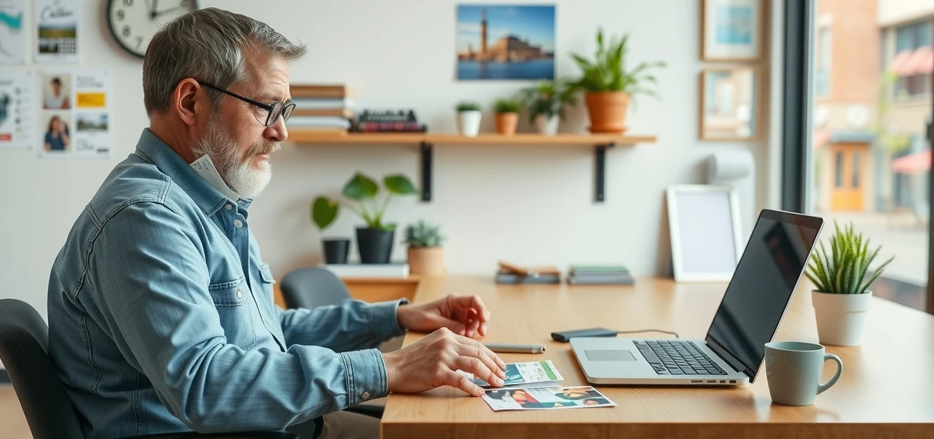 How to Use Tourism Attraction Postcards Without Losing Print Quality or Purpose: a local business owner planning a direct mail postcard at a workstation with a laptop and sample cards.