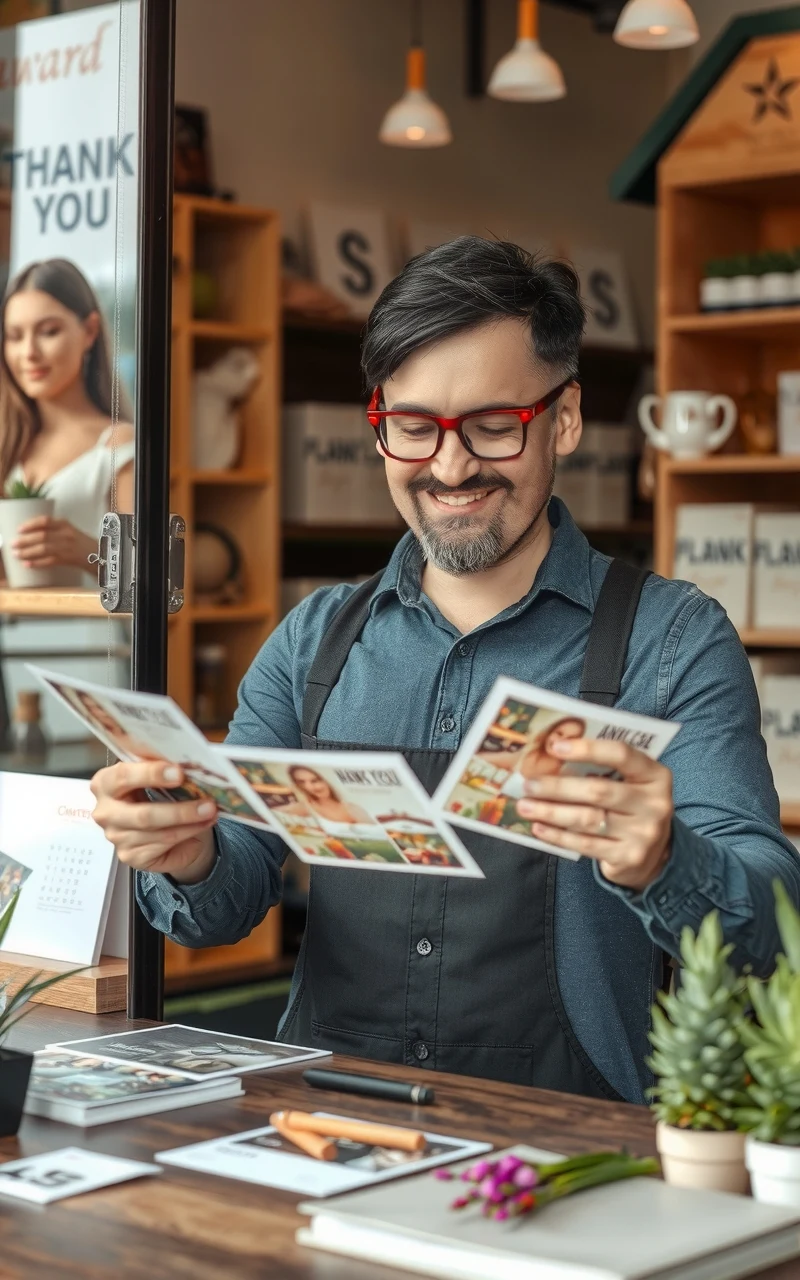 Handmade Shop Thank You Postcards for Artists, Brands, and Memorable Small Format Pieces: a local business owner comparing postcard layouts for a neighborhood promotion.