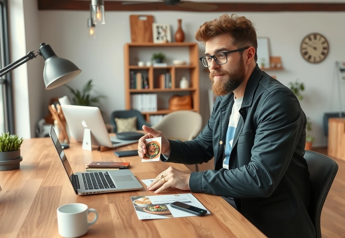 Recipe Card Postcards: A Creative Postcard Idea With Real Production Logic: a local business owner planning a direct mail postcard at a workstation with a laptop and sample cards.