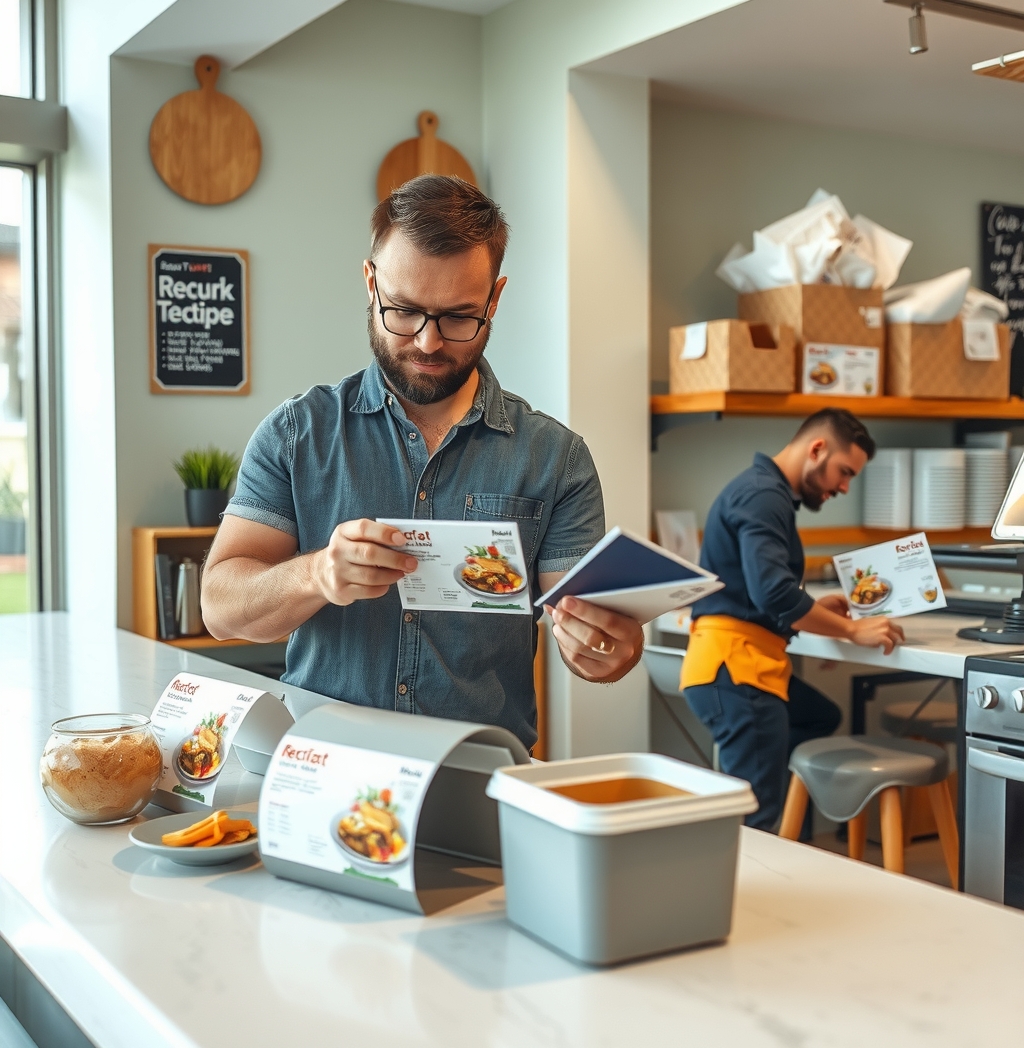 Recipe Card Postcards: A Creative Postcard Idea With Real Production Logic: a local business owner reviewing postcard samples on a clean counter with local campaign notes.