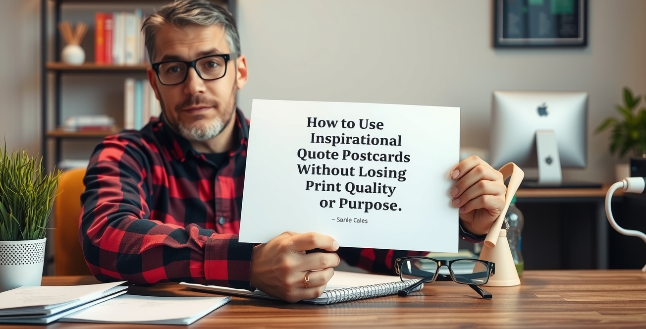 How to Use Inspirational Quote Postcards Without Losing Print Quality or Purpose: a local business owner holding a postcard proof beside relevant business props on a desk.