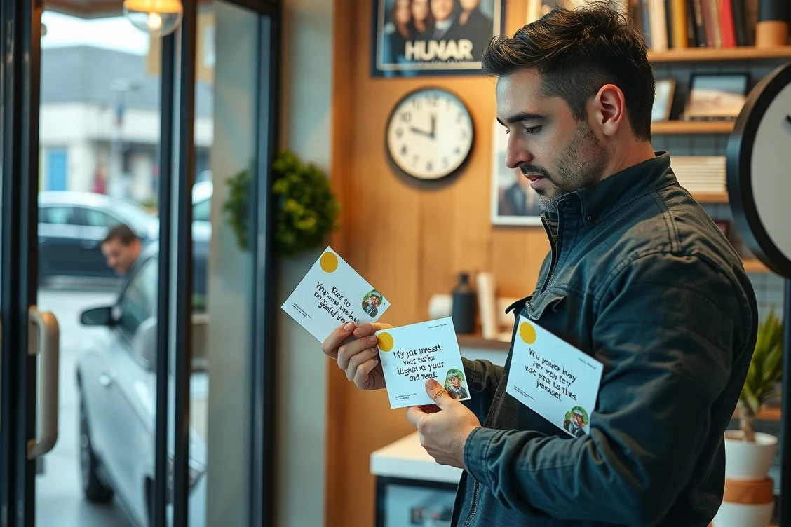 How to Use Inspirational Quote Postcards Without Losing Print Quality or Purpose: a local business owner arranging postcard samples near the business setting.