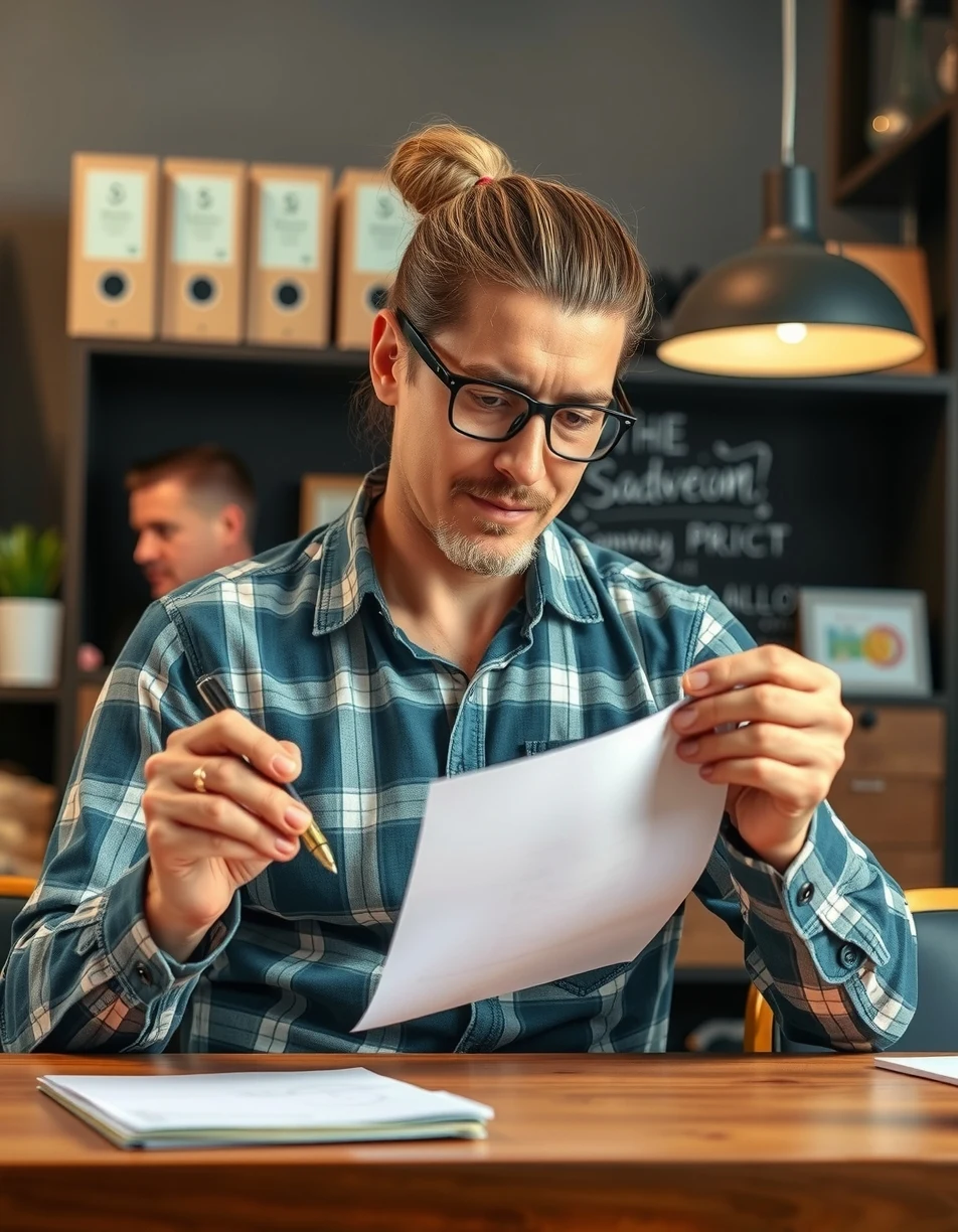Classroom Exchange Postcards for Artists, Brands, and Memorable Small Format Pieces: a local business owner checking a postcard mockup with a pen and paper notes.