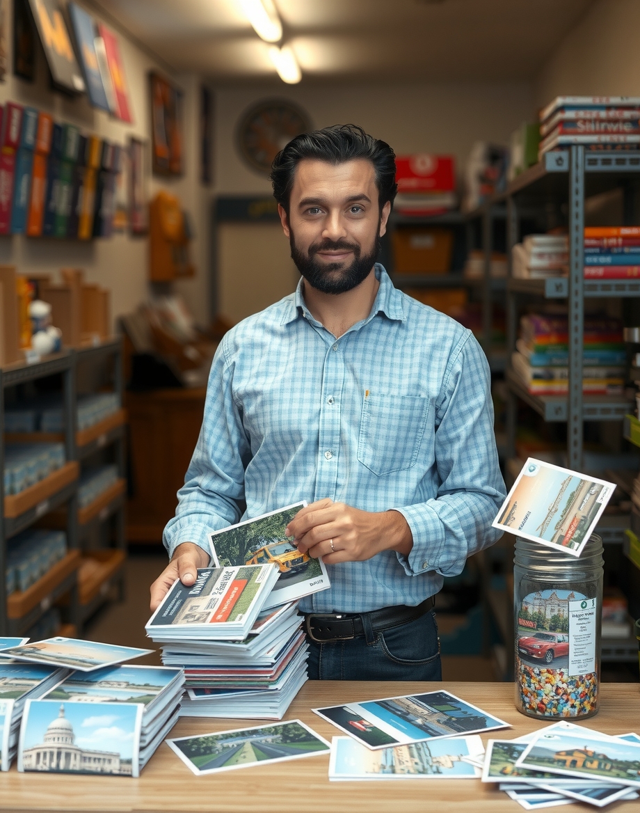 How to Use Art Swap Postcards Without Losing Print Quality or Purpose: a local business owner arranging postcard samples near the business setting.