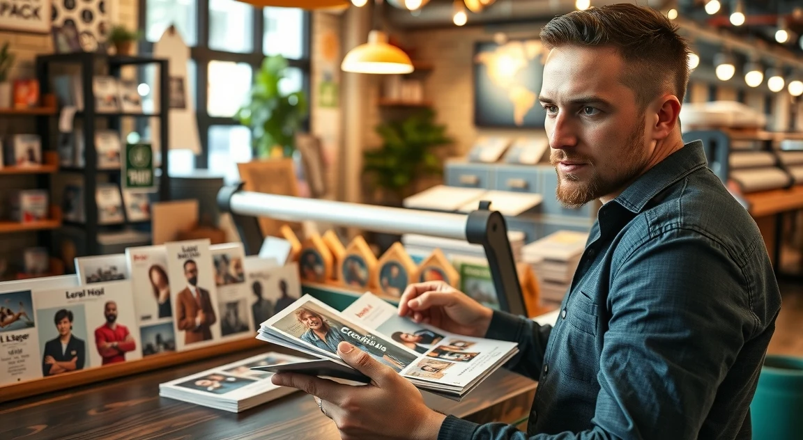 Creator Fan Mail Postcards for Artists, Brands, and Memorable Small Format Pieces: a local business owner arranging postcard samples near the business setting.