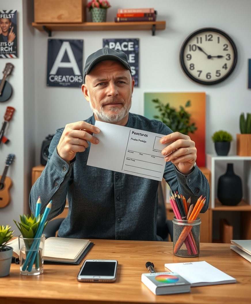 Creator Fan Mail Postcards for Artists, Brands, and Memorable Small Format Pieces: a local business owner holding a postcard proof beside relevant business props on a desk.