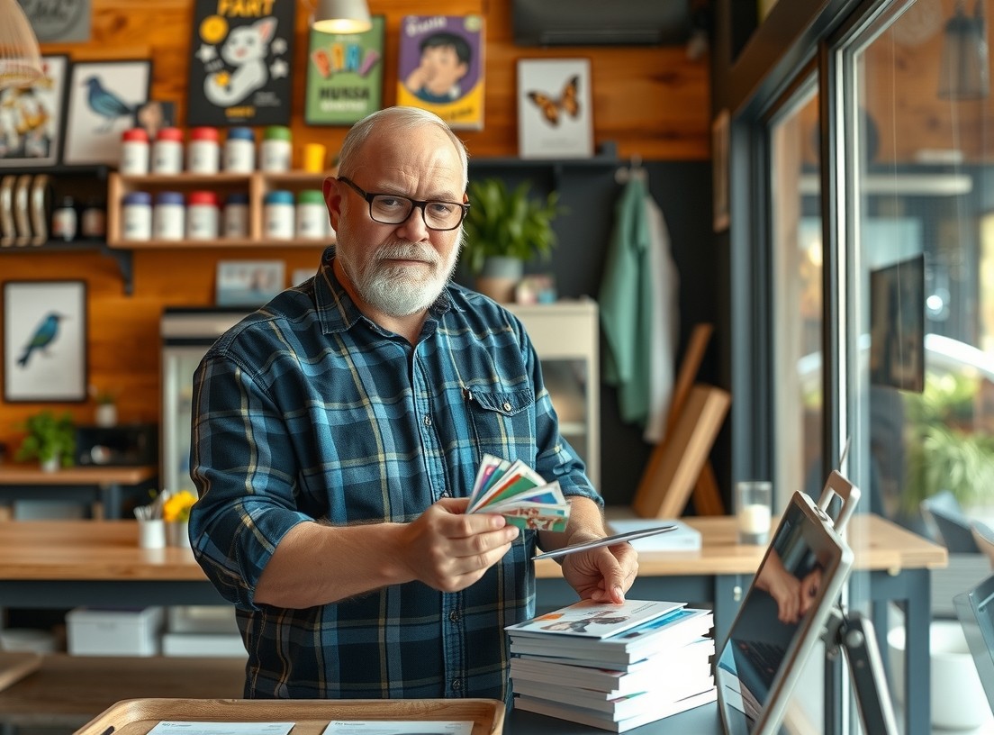 Comic Artist Mini Art Postcards: A Creative Postcard Idea With Real Production Logic: a local business owner arranging postcard samples near the business setting.