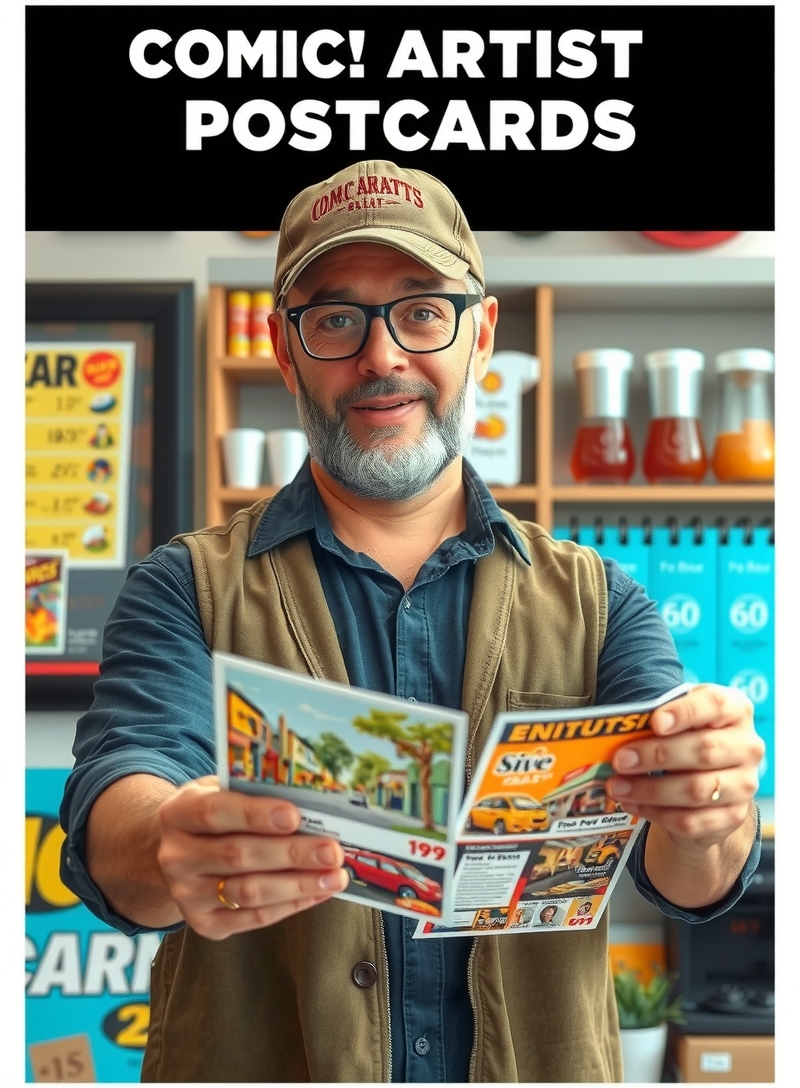 Comic Artist Mini Art Postcards: A Creative Postcard Idea With Real Production Logic: a local business owner comparing postcard layouts for a neighborhood promotion.