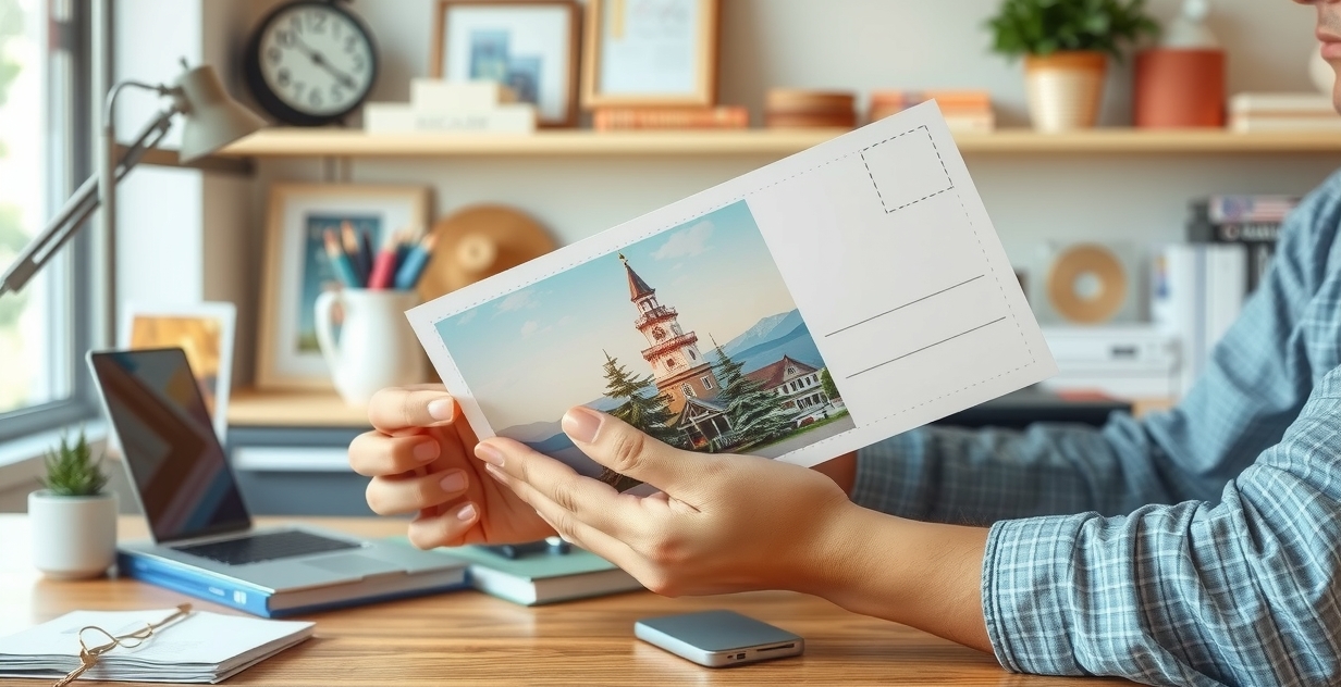 How to Use Stationery Shop Seasonal Set Postcards Without Losing Print Quality or Purpose: a local business owner holding a postcard proof beside relevant business props on a desk.