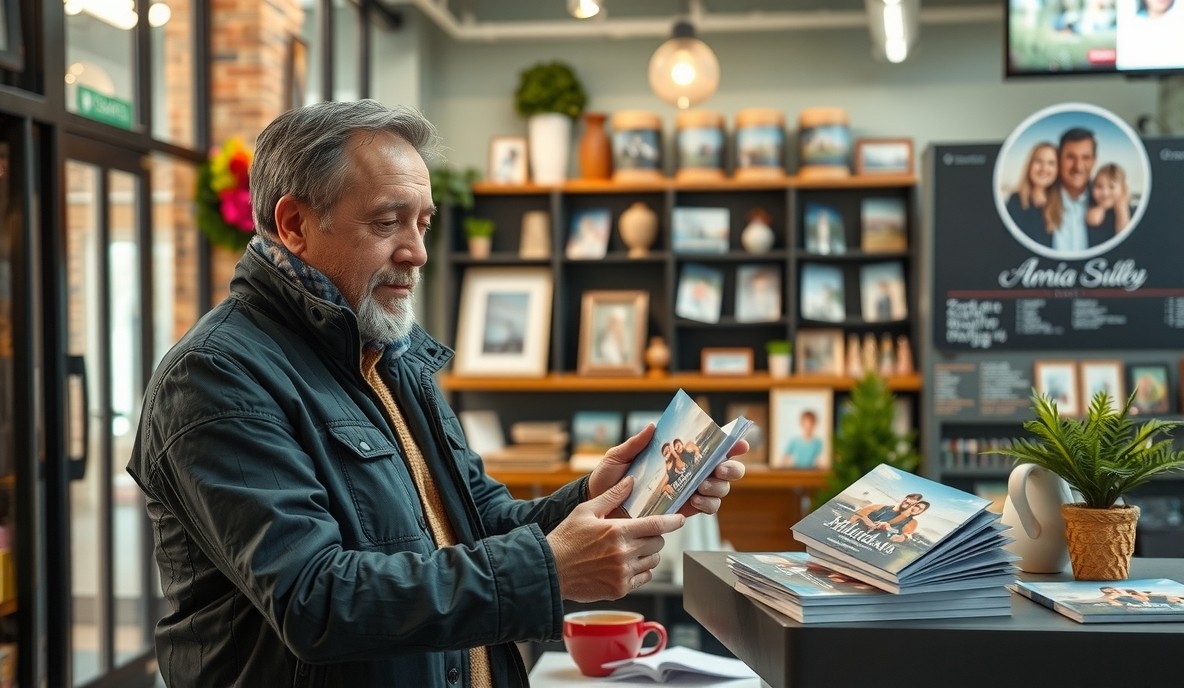 How to Use Holiday Photo Postcards Without Losing Print Quality or Purpose: a local business owner arranging postcard samples near the business setting.
