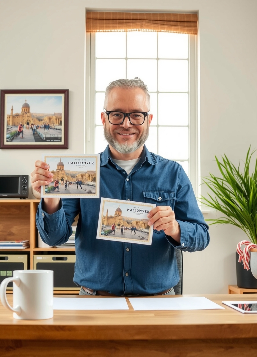 How to Use Holiday Photo Postcards Without Losing Print Quality or Purpose: a local business owner holding a postcard proof beside relevant business props on a desk.