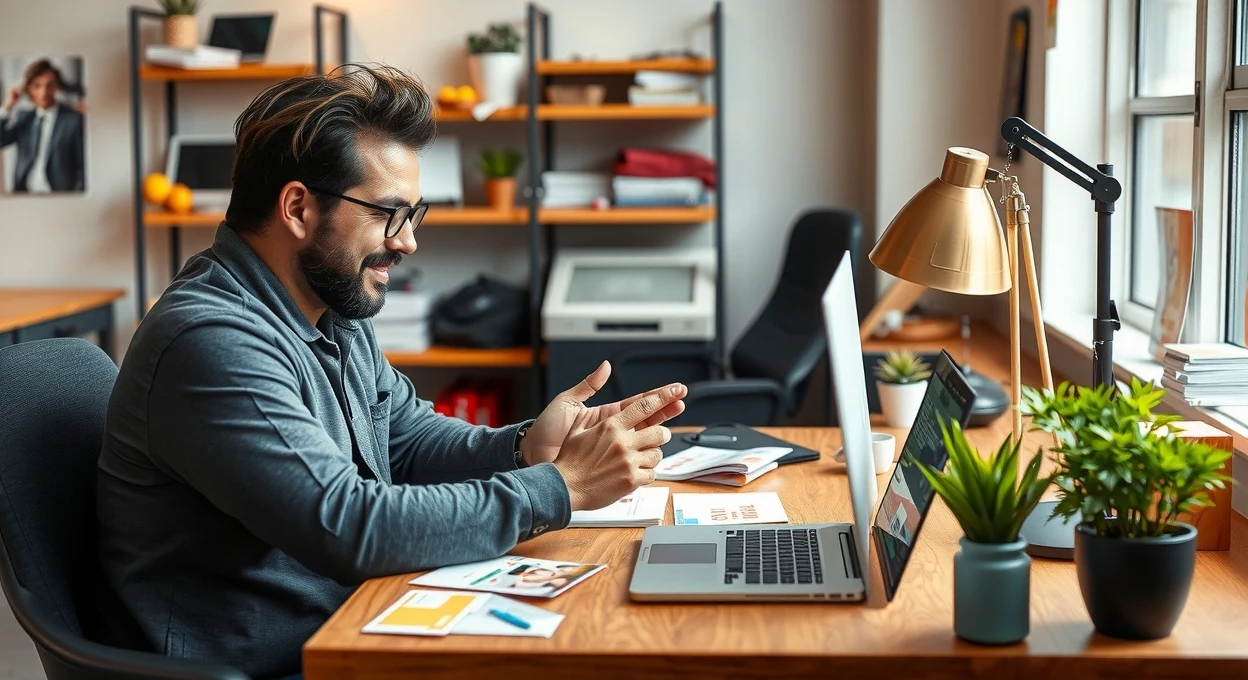 Small Batch Postcard Merch Postcards: A Creative Postcard Idea With Real Production Logic: a local business owner planning a direct mail postcard at a workstation with a laptop and sample cards.