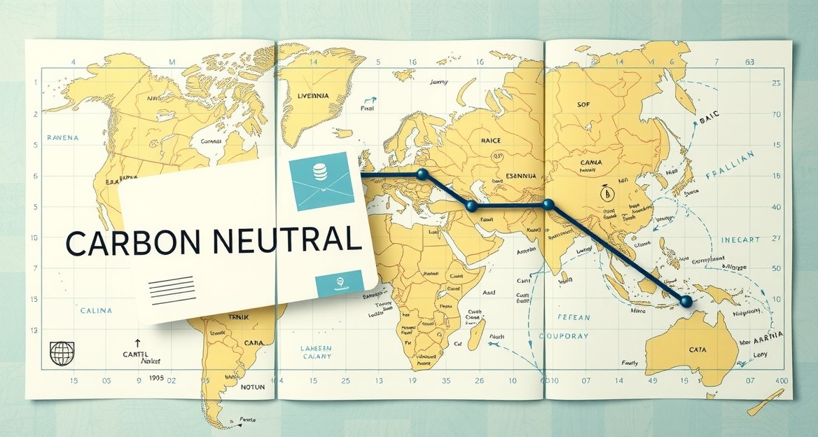 Carbon Neutral Shipping Claims For Postcards: A Smarter Sustainable Postcard Approach: a route map concept with a postcard sample and planning notes.