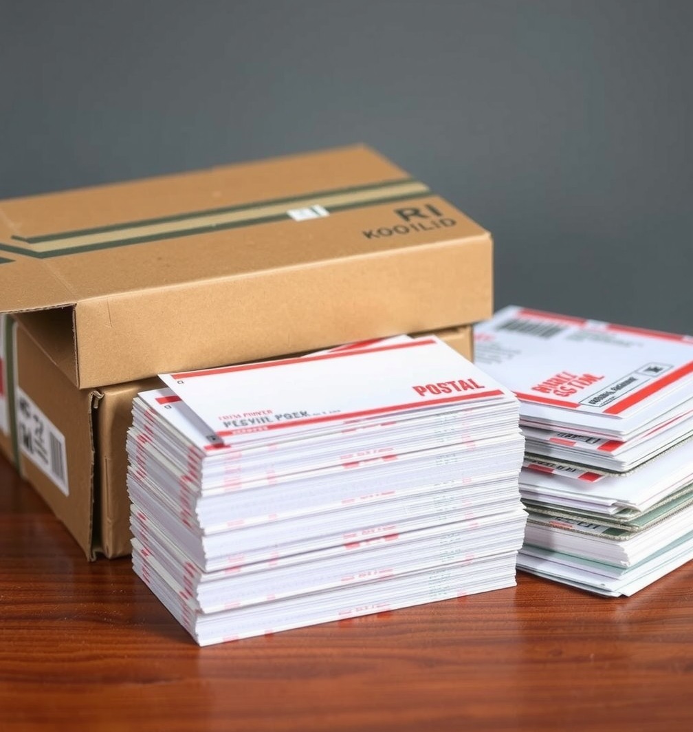 Local Printer Vs National Shipping For Postcards: A Smarter Sustainable Postcard Approach: a stack of postcards bundled for mailing beside a shipping box and postal forms.