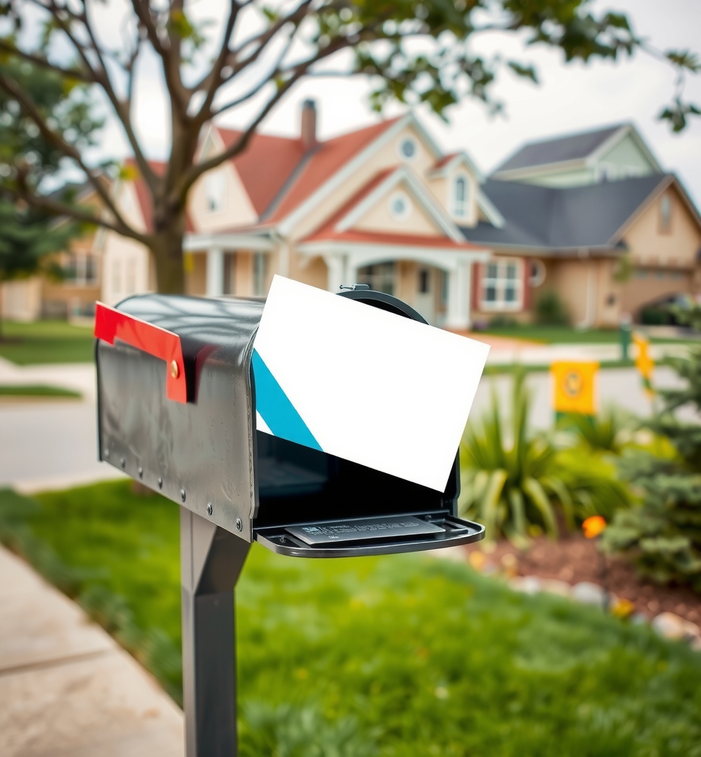 Sustainable Direct Mail Messaging On Postcards for Lower Waste and Better Printing Decisions: a postcard going into a residential mailbox with a neighborhood background.