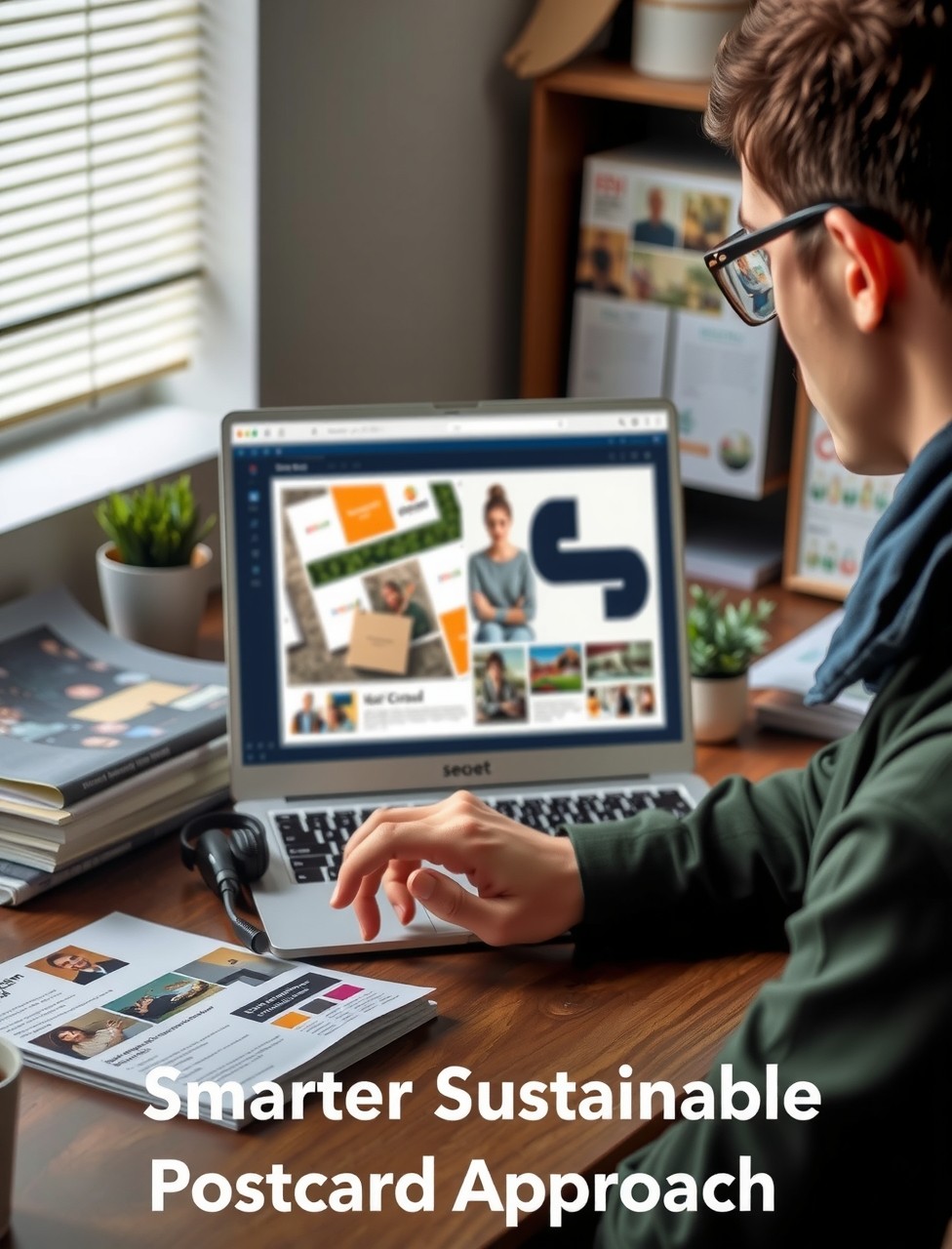 Green Brand Postcard Design: A Smarter Sustainable Postcard Approach: a designer reviewing a postcard layout on a laptop screen with printed proofs beside it.