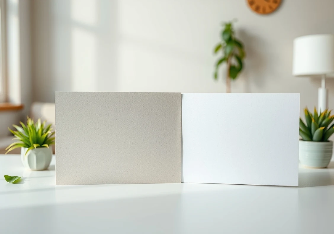 How to Use Kraft Vs Recycled White Postcards Without Greenwashing the Message: a split-view comparison of postcard options on a bright tabletop.