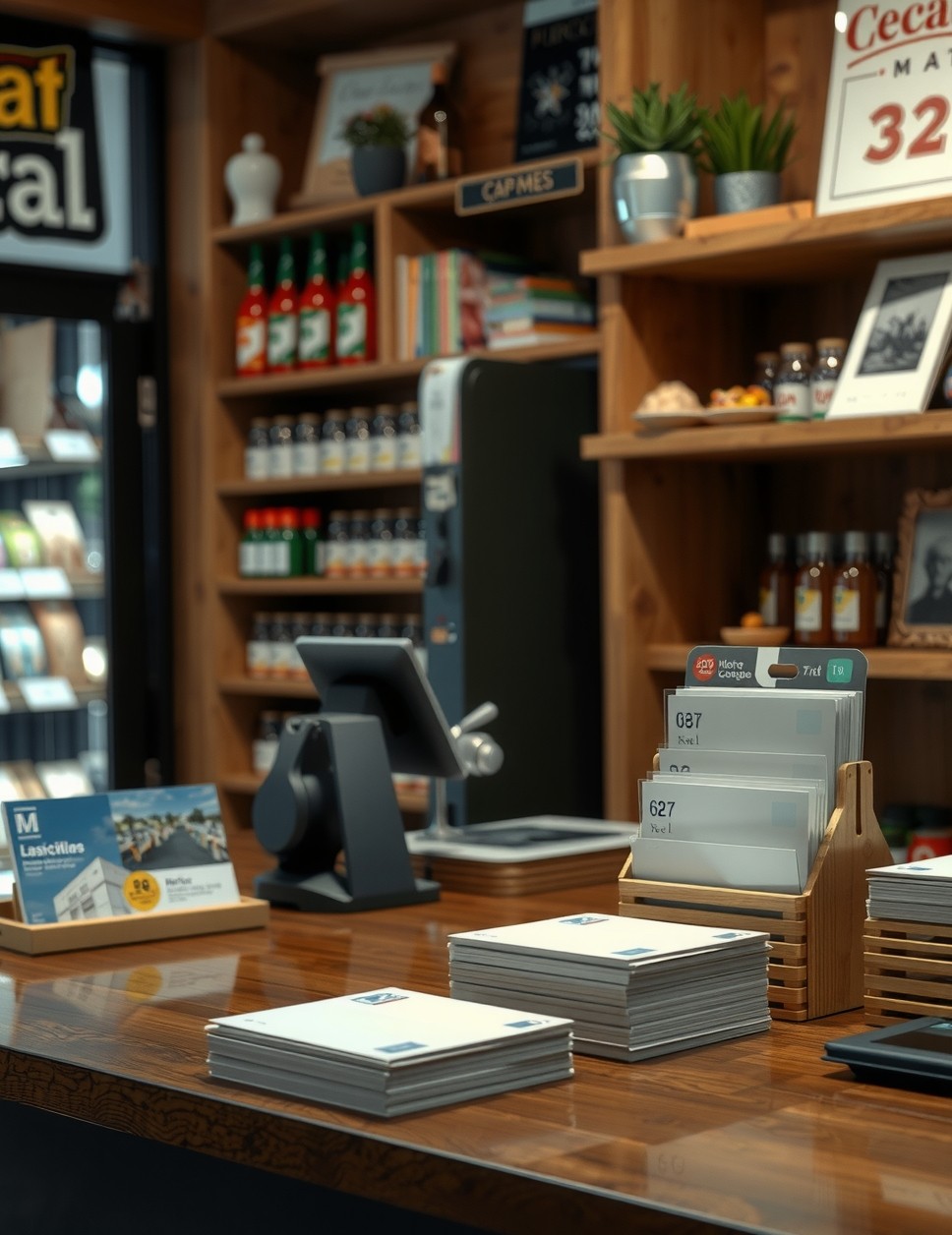 How to Use Kraft Vs Recycled White Postcards Without Greenwashing the Message: a local shop counter next to a finished postcard order.
