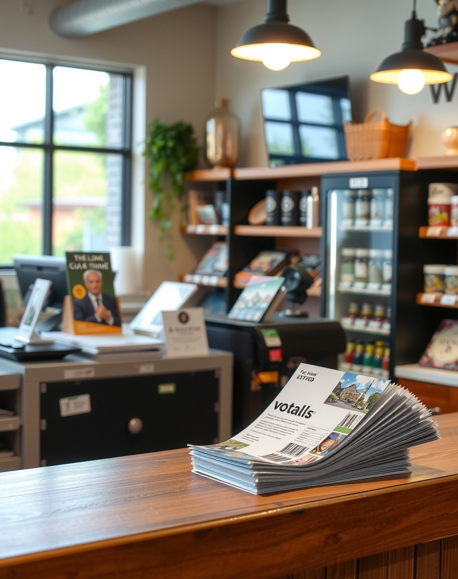 How To Avoid Greenwashing On Postcards for Lower Waste and Better Printing Decisions: a local shop counter next to a finished postcard order.