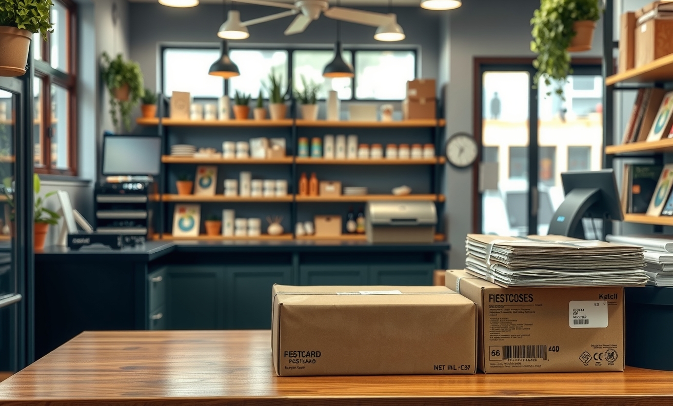 Sustainable Packaging For Postcard Shipments: A Smarter Sustainable Postcard Approach: a local shop counter next to a finished postcard order.