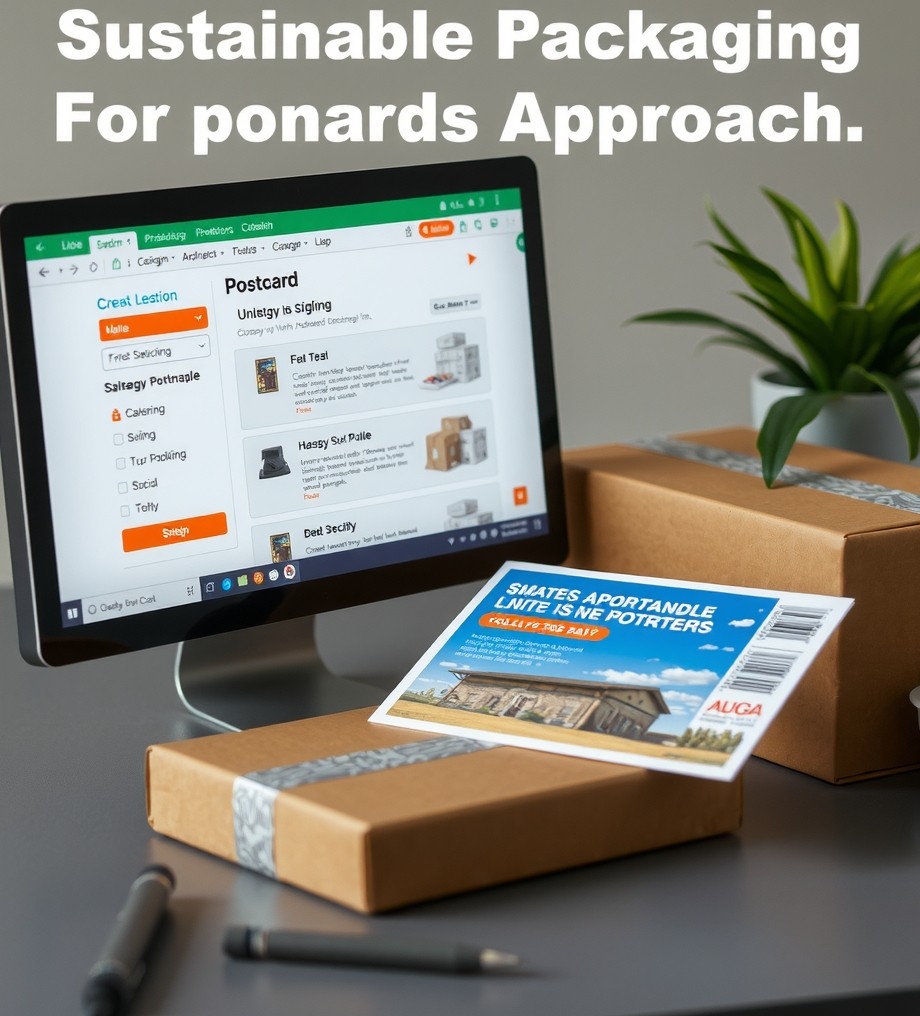 Sustainable Packaging For Postcard Shipments: A Smarter Sustainable Postcard Approach: an online ordering screen beside a printed postcard sample.
