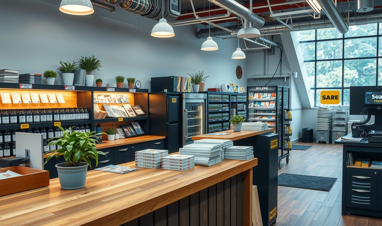 How to Use Duplex Planning To Replace Extra Inserts Without Greenwashing the Message: a local shop counter next to a finished postcard order.