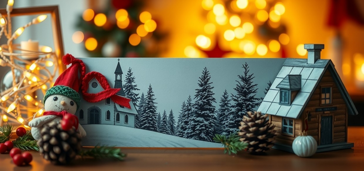 Seasonal Planning To Avoid Obsolete Postcards: A Smarter Sustainable Postcard Approach: a seasonal postcard beside themed decor and warm lights.