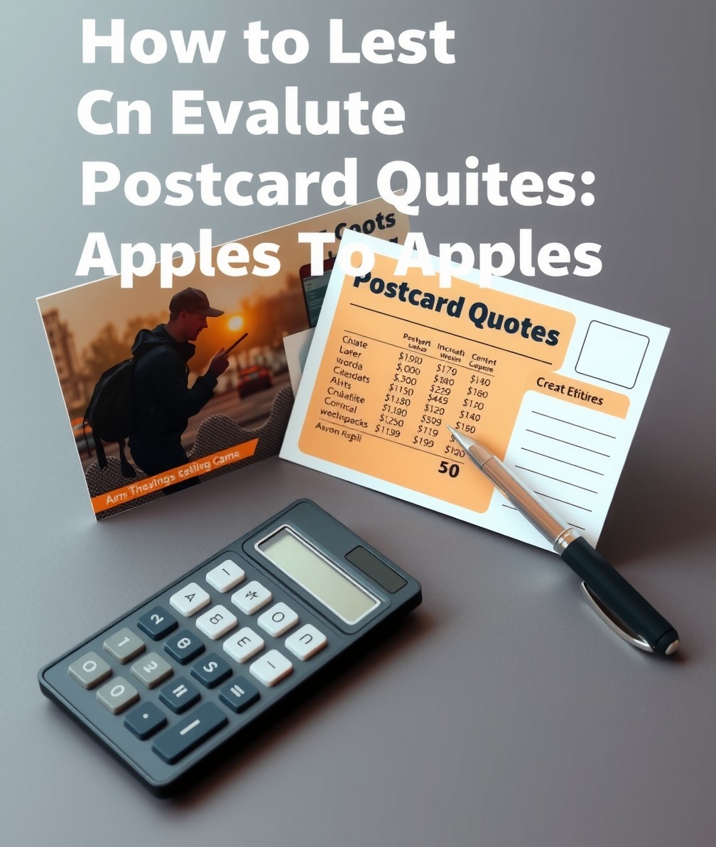 How to Evaluate Comparing Postcard Quotes Apples To Apples Without Being Misled by Cheap Quotes: two postcard samples side by side with a calculator and pen for cost comparison.