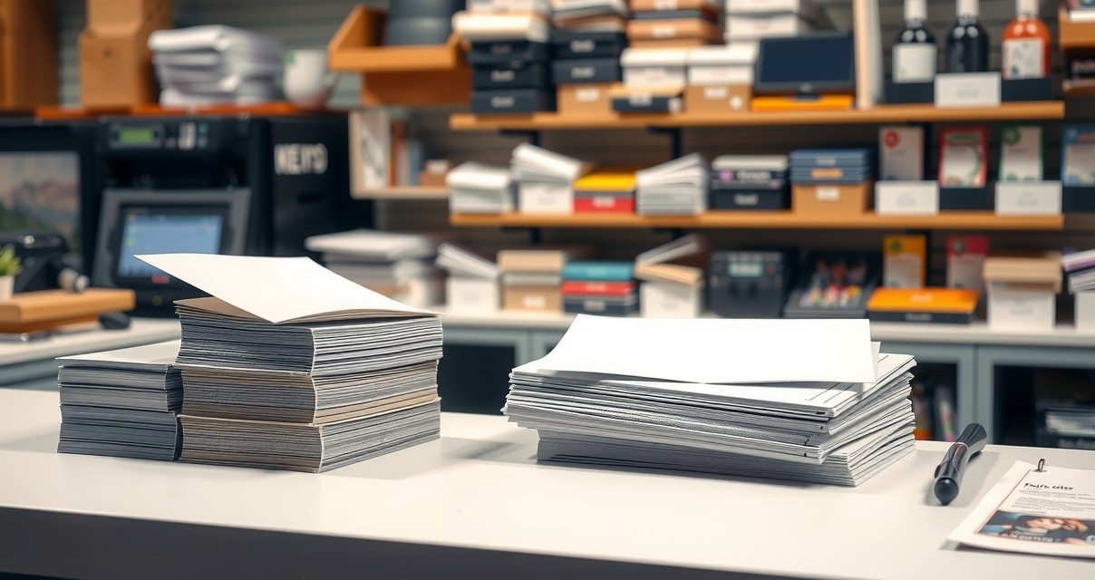 Postcard Sample Pack Checklists for Smarter Postcard Buying Decisions: a print shop counter scene with stacked postcards, paper swatches, and a quote sheet.