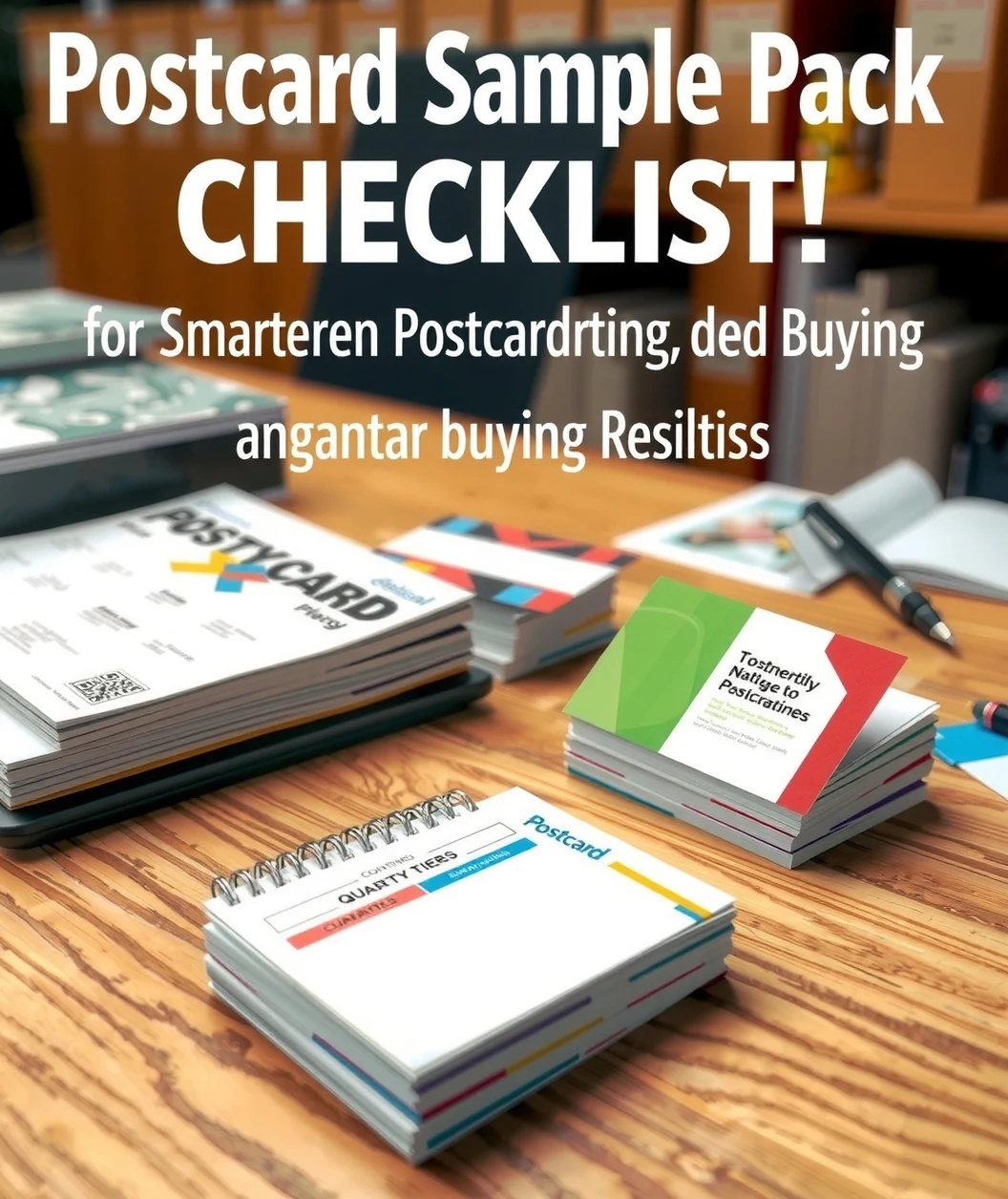 Postcard Sample Pack Checklists for Smarter Postcard Buying Decisions: a production planning desk with quantity tiers and sample cards spread out.