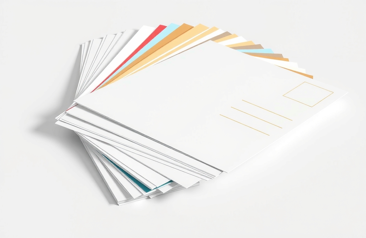 Postcard Finish Comparison Matrices for Smarter Postcard Buying Decisions: a stack of postcard stock swatches fanned out on a white surface.