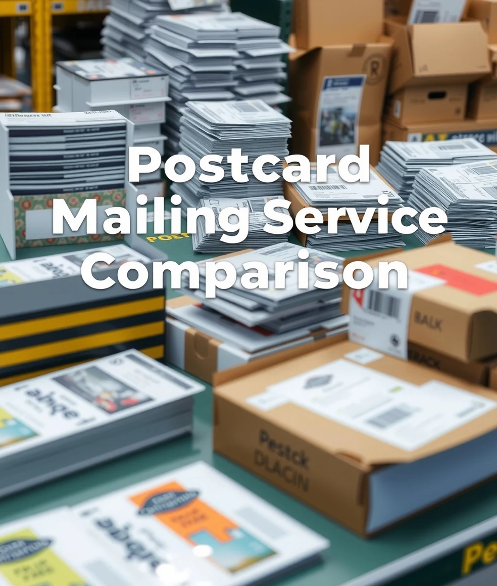 Postcard Mailing Service Comparisons: A Better Way to Compare Postcard Printing Vendors: a mail prep station with finished postcards, labels, and packing materials.