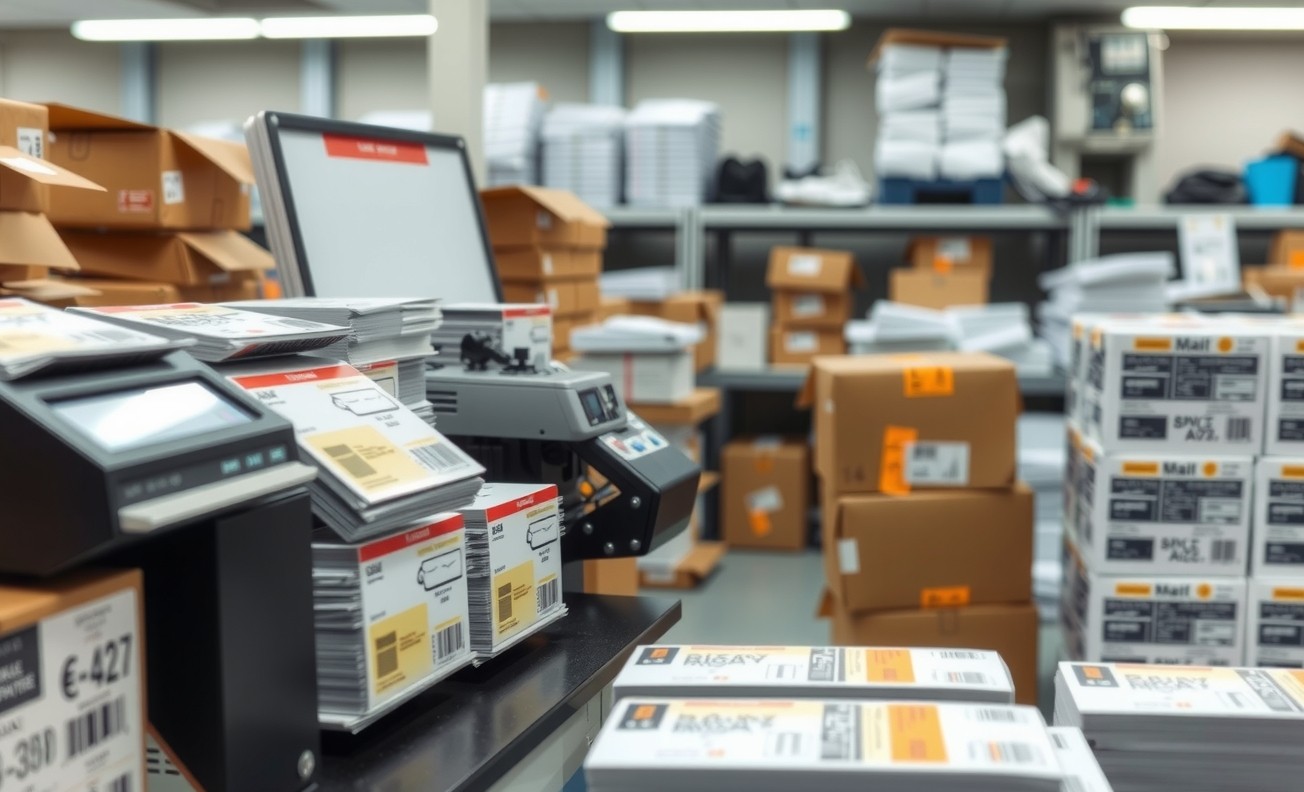 How to Evaluate Mailing Dashboard Integrations For Postcard Printers Without Being Misled by Cheap Quotes: a mail prep station with finished postcards, labels, and packing materials.