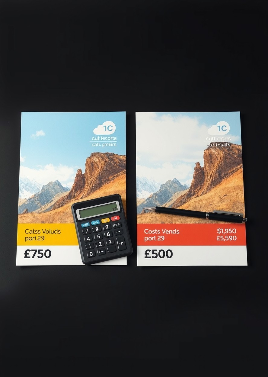 Reorder Portal Requirements For Postcards for Smarter Postcard Buying Decisions: two postcard samples side by side with a calculator and pen for cost comparison.