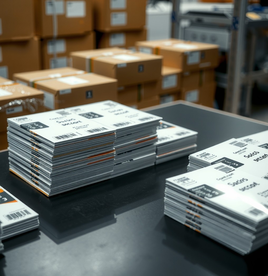Account Manager Vs Self Service Postcard Buying: A Better Way to Compare Postcard Printing Vendors: a packaging table showing order quantities and shipping labels alongside postcard stacks.
