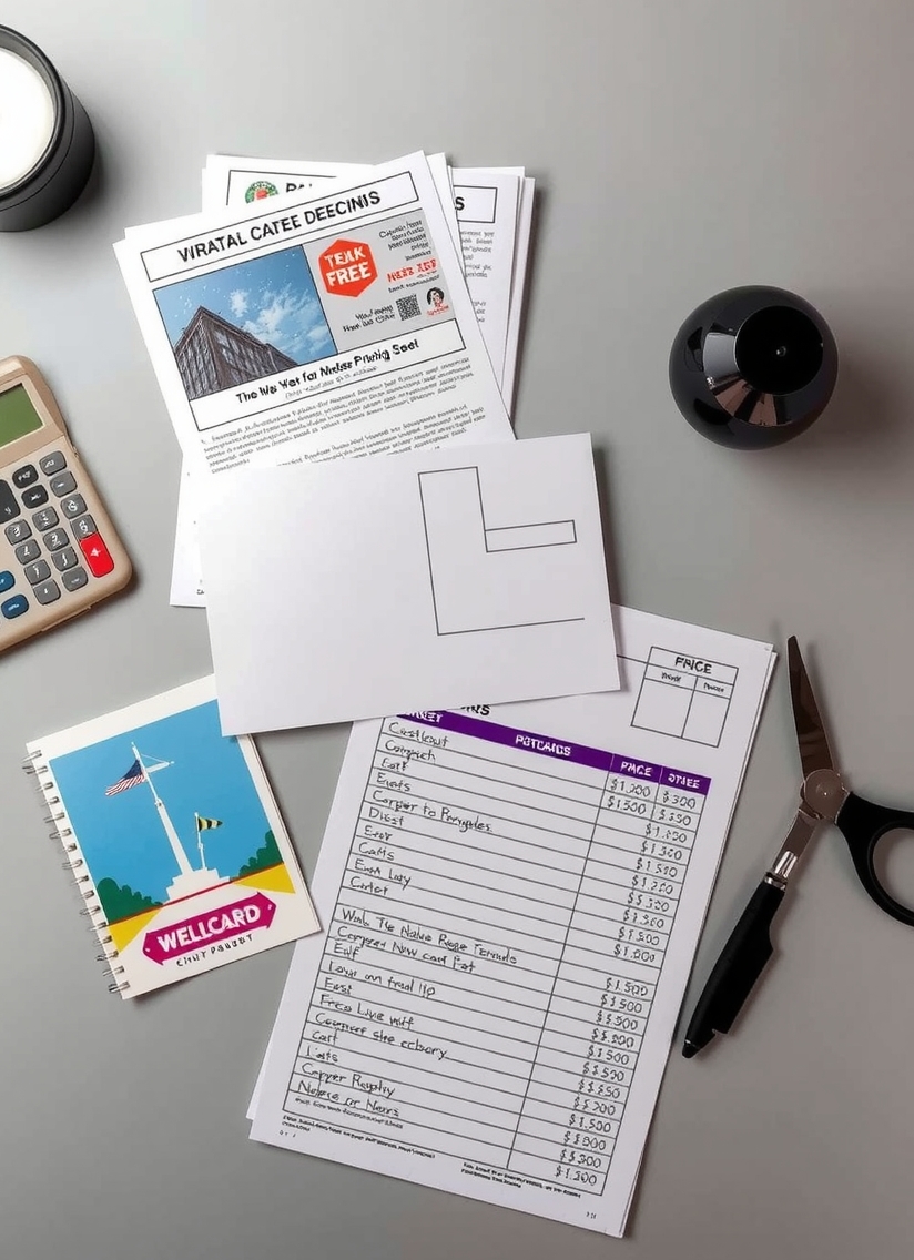 Final Vendor Decision Rubrics For Postcards: A Better Way to Compare Postcard Printing Vendors: an overhead desk layout with postcard proofs, handwritten budget notes, and a price sheet.