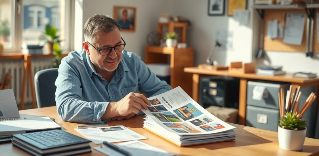 Owner Reviewing Postcard Proofs Desk 1160x568 1
