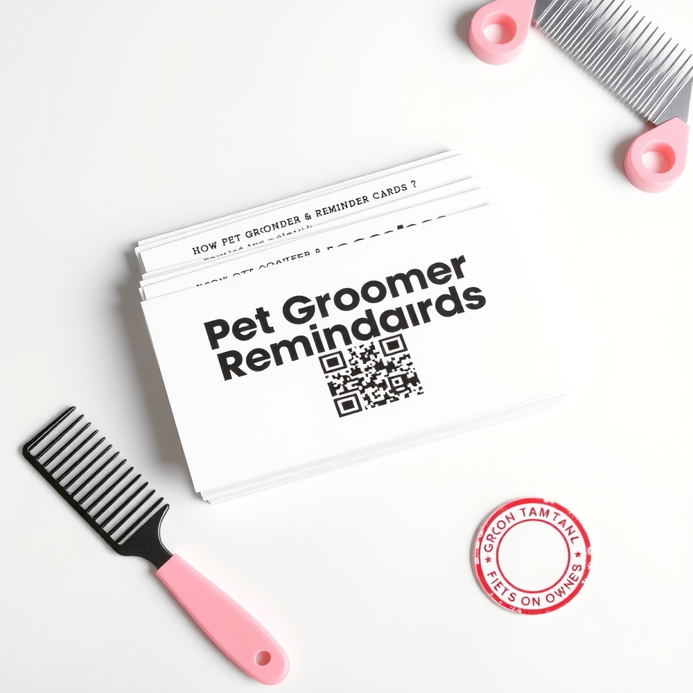 Stack of pet groomer reminder cards with QR code and rebooking message