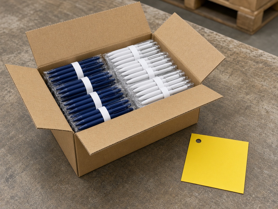 Pen quantity floor next to a packed carton with free ground shipping